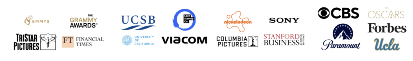 Partner logos - Emmys, Grammy Awards, UCSB, Lean Startup, Nickelodeon, Sony, CBS, Oscars, TriStar, Financial Times, UC, Viacom, Columbia Pictures, Stanford, Paramount, Forbes, UCLA